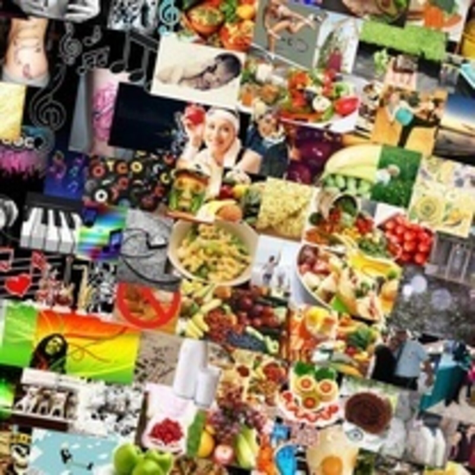 A gallery installation featuring two large framed collages of tiny images flanked by small digital displays.