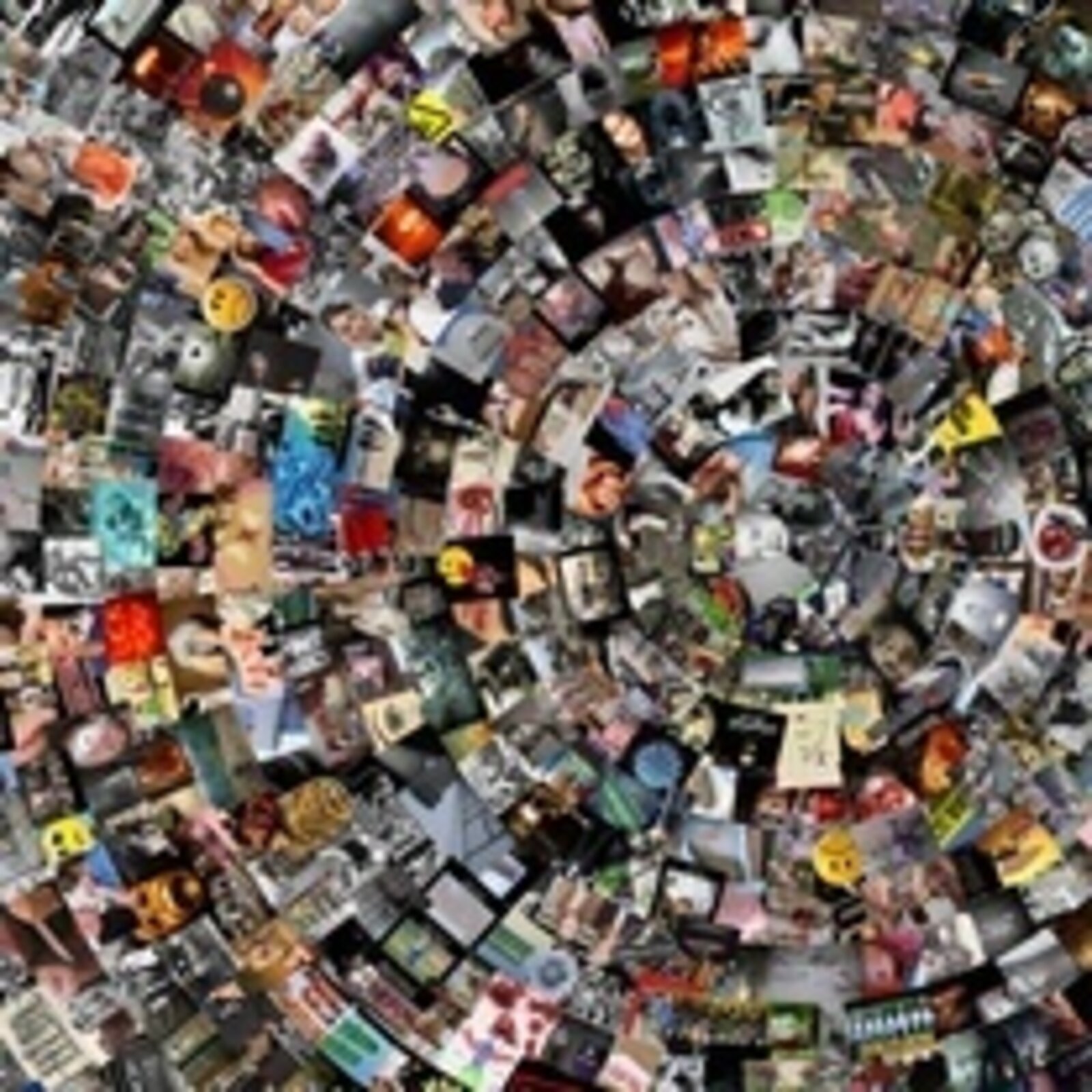 A gallery installation featuring two large framed collages of tiny images flanked by small digital displays.