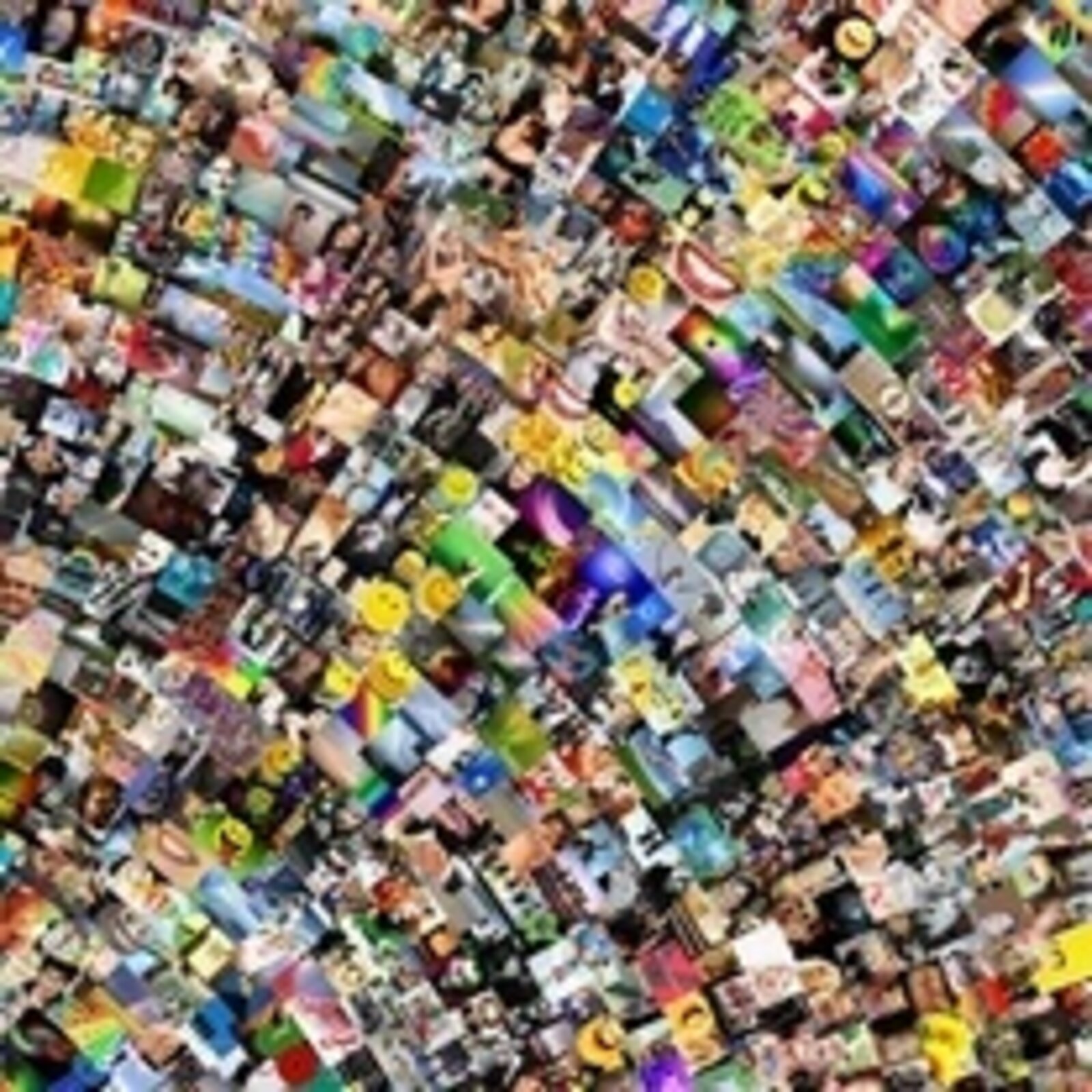 A gallery installation featuring two large framed collages of tiny images flanked by small digital displays.