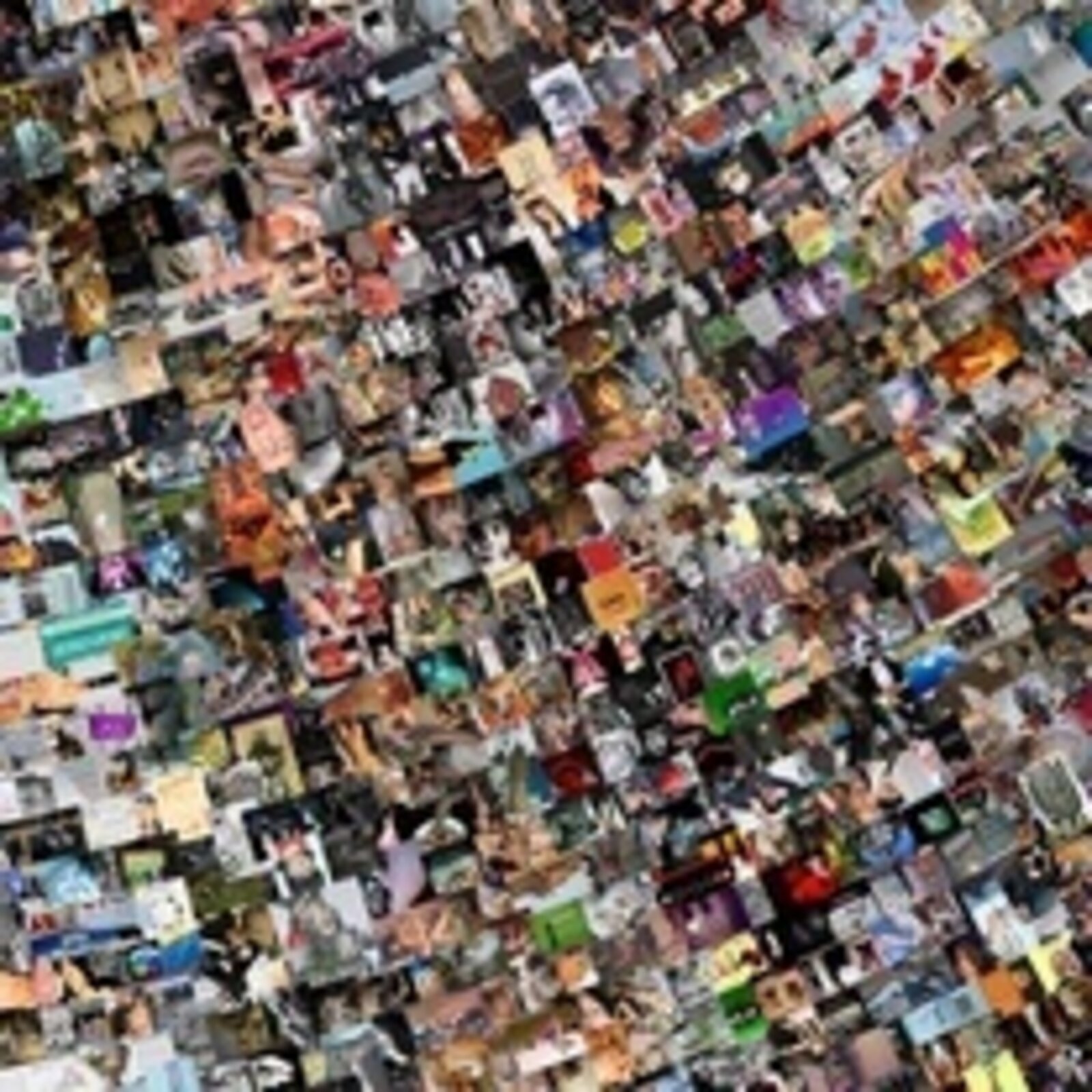 A gallery installation featuring two large framed collages of tiny images flanked by small digital displays.