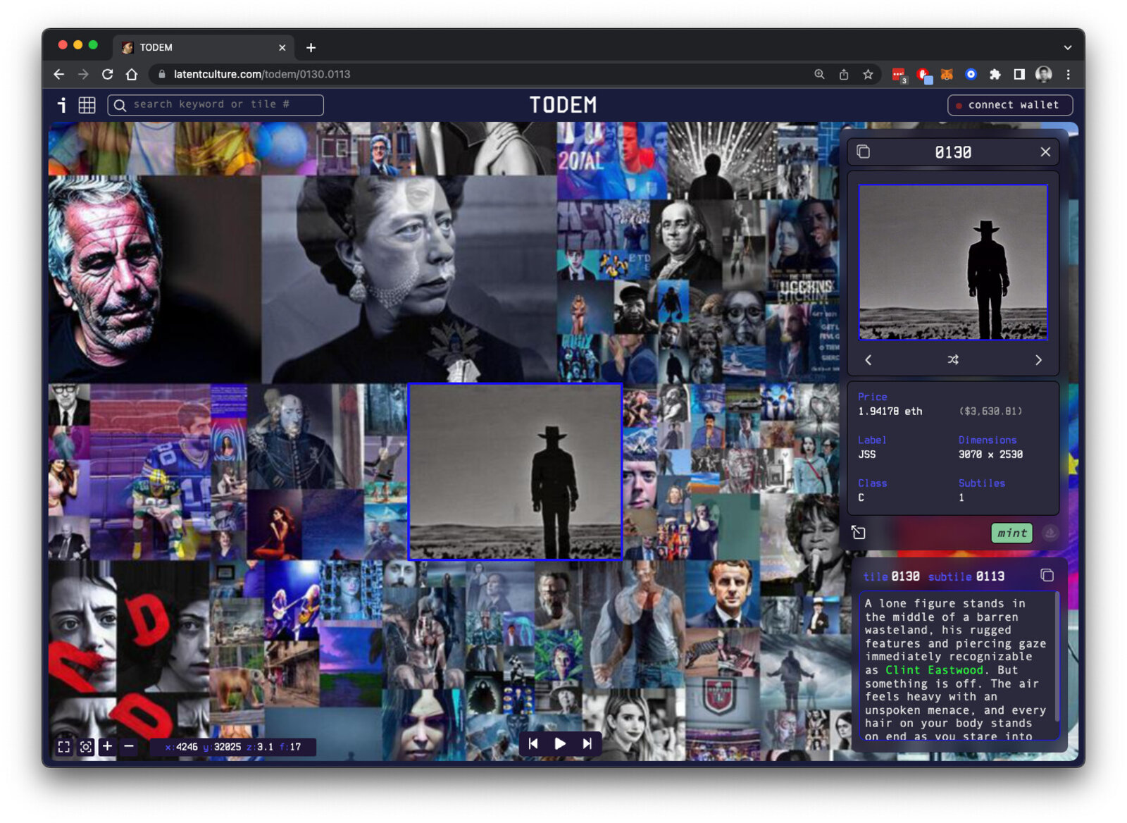 Artwork by Jason Salavon, TODEM (Tapestry of Decadent Meritocracy), Made of Animation, website, AI, blockchain / Dimensions: Entire work: 100K x 58K pixels (~2,800 HD screens or 5,800 megapixels), 10 seconds looped. Divided separately into 1,000 unique Tiles, varying in size, fitted together to create the full animation 