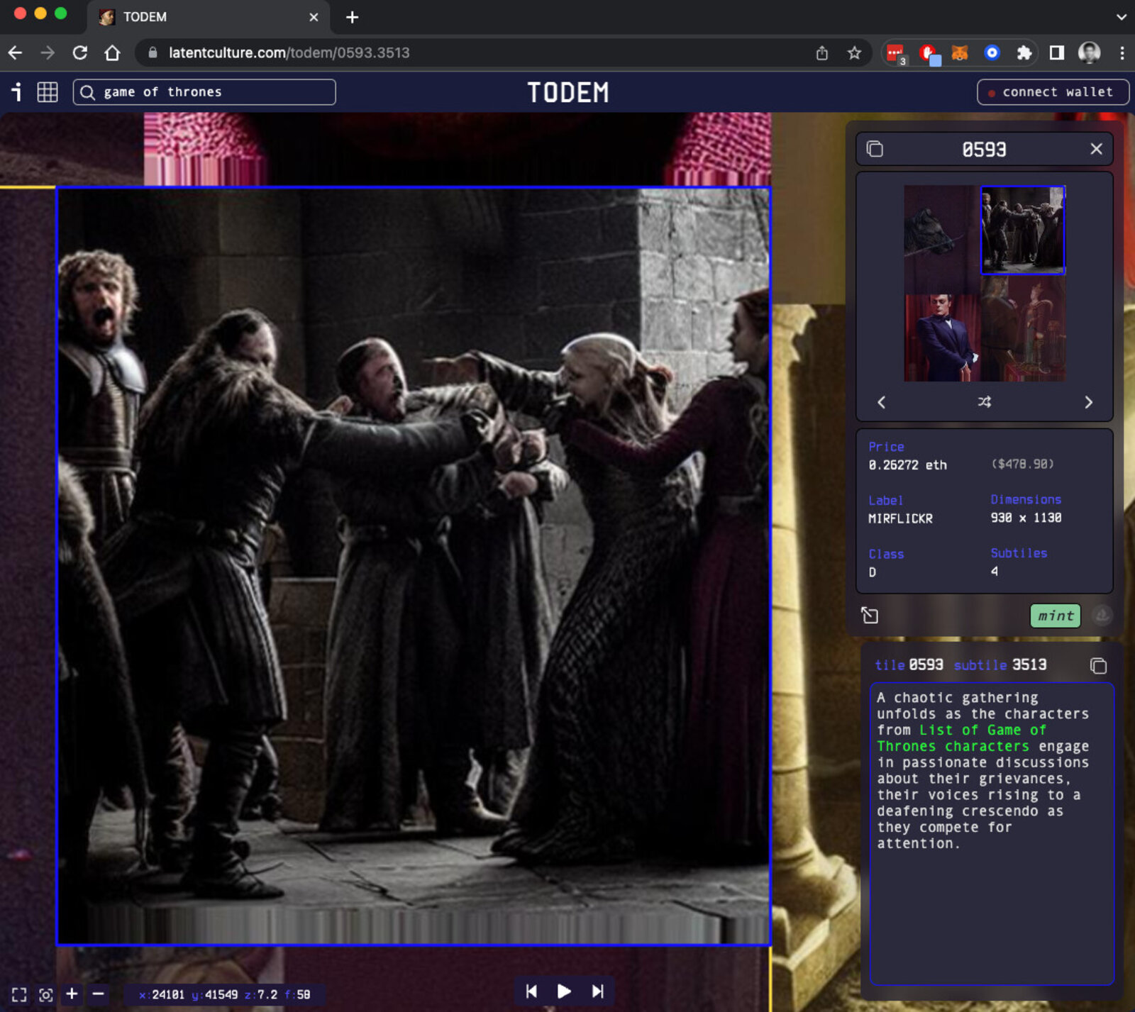 Artwork by Jason Salavon, TODEM (Tapestry of Decadent Meritocracy), Made of Animation, website, AI, blockchain / Dimensions: Entire work: 100K x 58K pixels (~2,800 HD screens or 5,800 megapixels), 10 seconds looped. Divided separately into 1,000 unique Tiles, varying in size, fitted together to create the full animation 