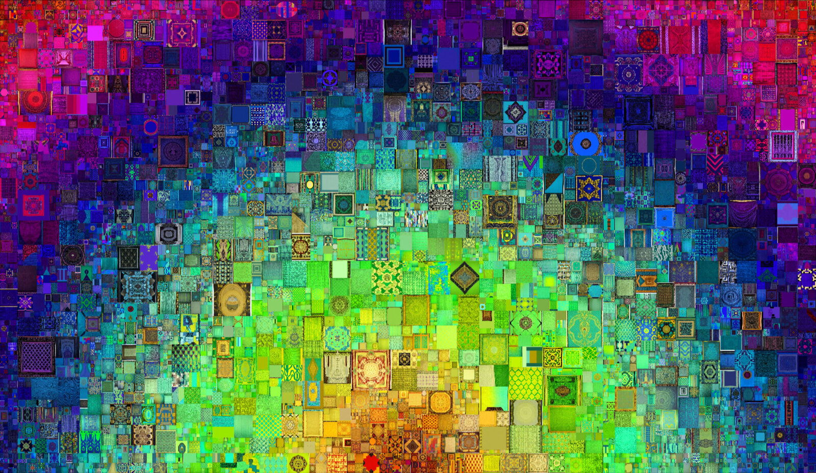 Artwork by Jason Salavon, TODEM (Tapestry of Decadent Meritocracy), Made of Animation, website, AI, blockchain / Dimensions: Entire work: 100K x 58K pixels (~2,800 HD screens or 5,800 megapixels), 10 seconds looped. Divided separately into 1,000 unique Tiles, varying in size, fitted together to create the full animation 