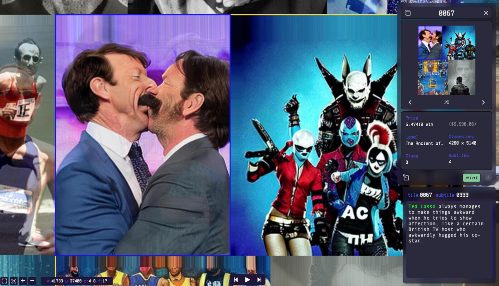 Artwork by Jason Salavon, TODEM (Tapestry of Decadent Meritocracy), Made of Animation, website, AI, blockchain / Dimensions: Entire work: 100K x 58K pixels (~2,800 HD screens or 5,800 megapixels), 10 seconds looped. Divided separately into 1,000 unique Tiles, varying in size, fitted together to create the full animation 