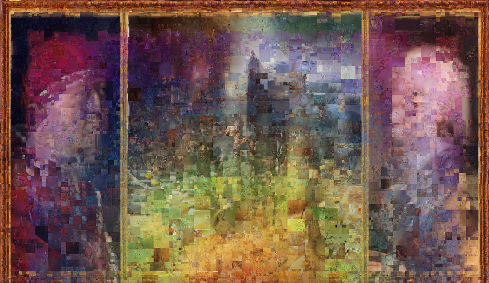 Artwork by Jason Salavon, TODEM (Tapestry of Decadent Meritocracy), Made of Animation, website, AI, blockchain / Dimensions: Entire work: 100K x 58K pixels (~2,800 HD screens or 5,800 megapixels), 10 seconds looped. Divided separately into 1,000 unique Tiles, varying in size, fitted together to create the full animation 