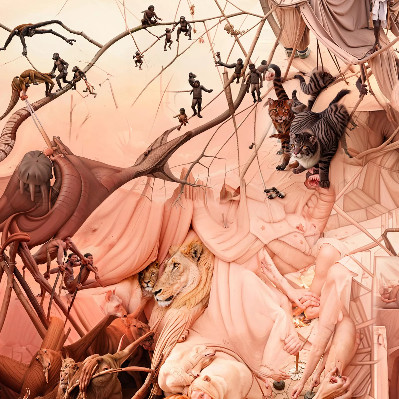 A chaotic, surreal landscape filled with a dense forest of fantastical creatures and organic forms.