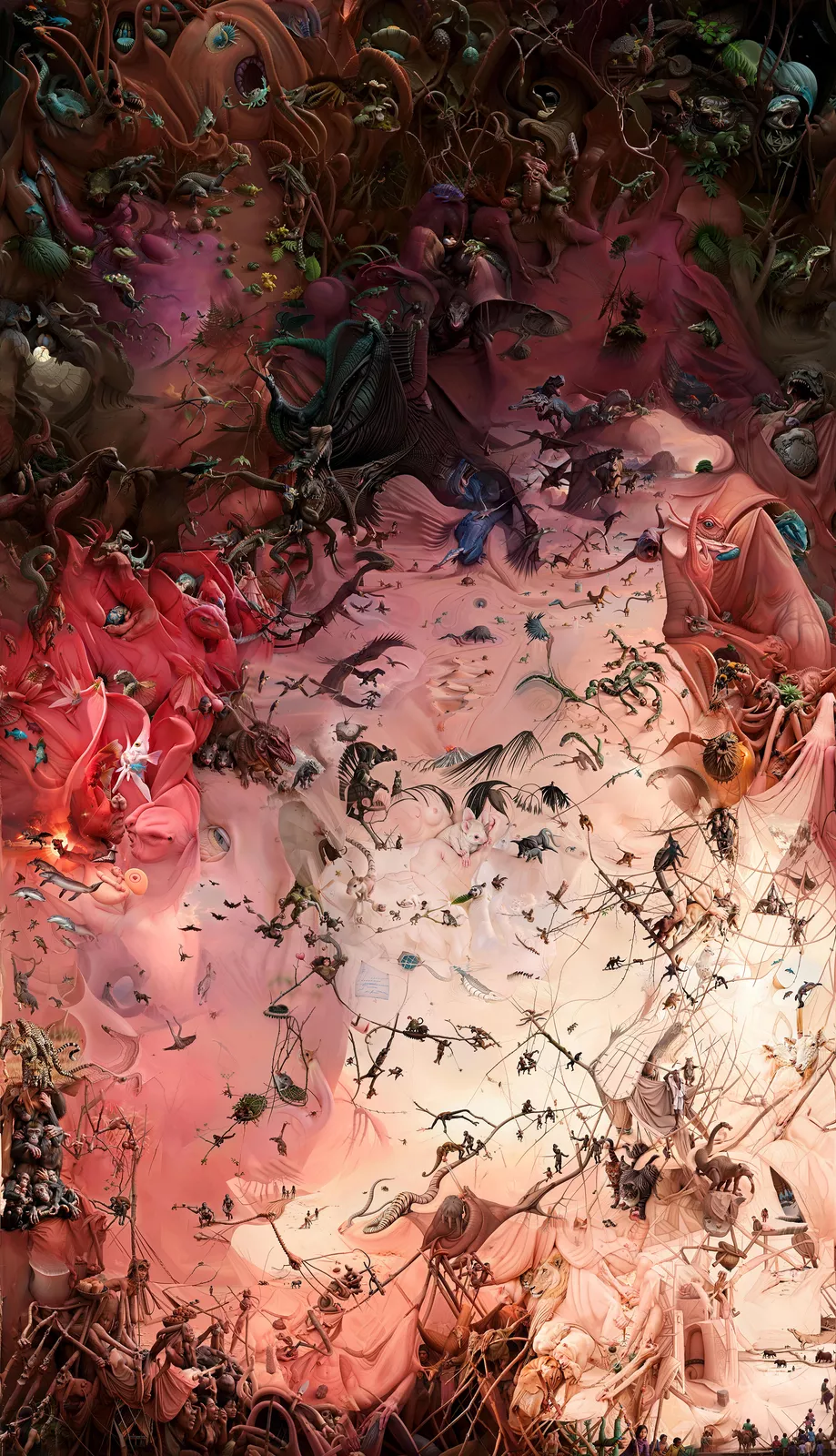 A chaotic, surreal landscape filled with a dense forest of fantastical creatures and organic forms.