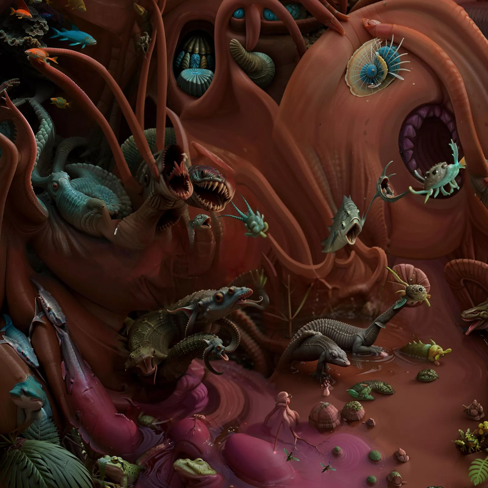 A chaotic, surreal landscape filled with a dense forest of fantastical creatures and organic forms.