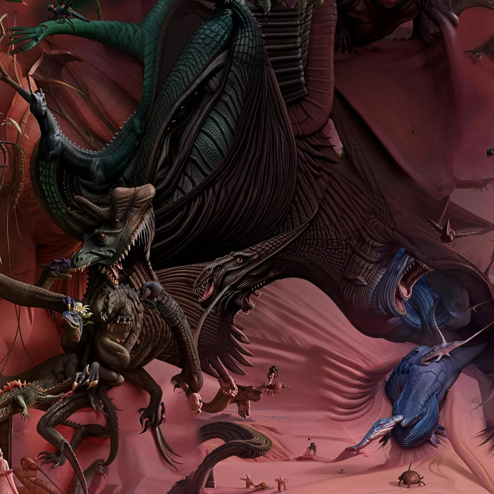 A chaotic, surreal landscape filled with a dense forest of fantastical creatures and organic forms.
