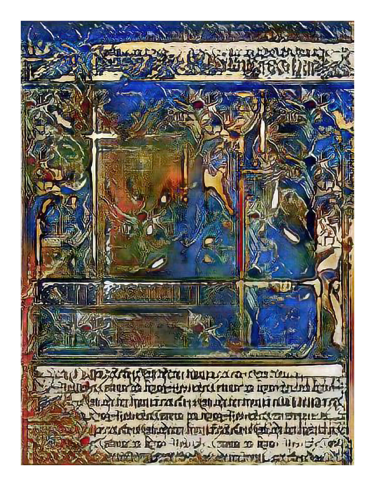 A medieval illuminated manuscript page featuring a central religious scene surrounded by ornate borders and decorative initials.
