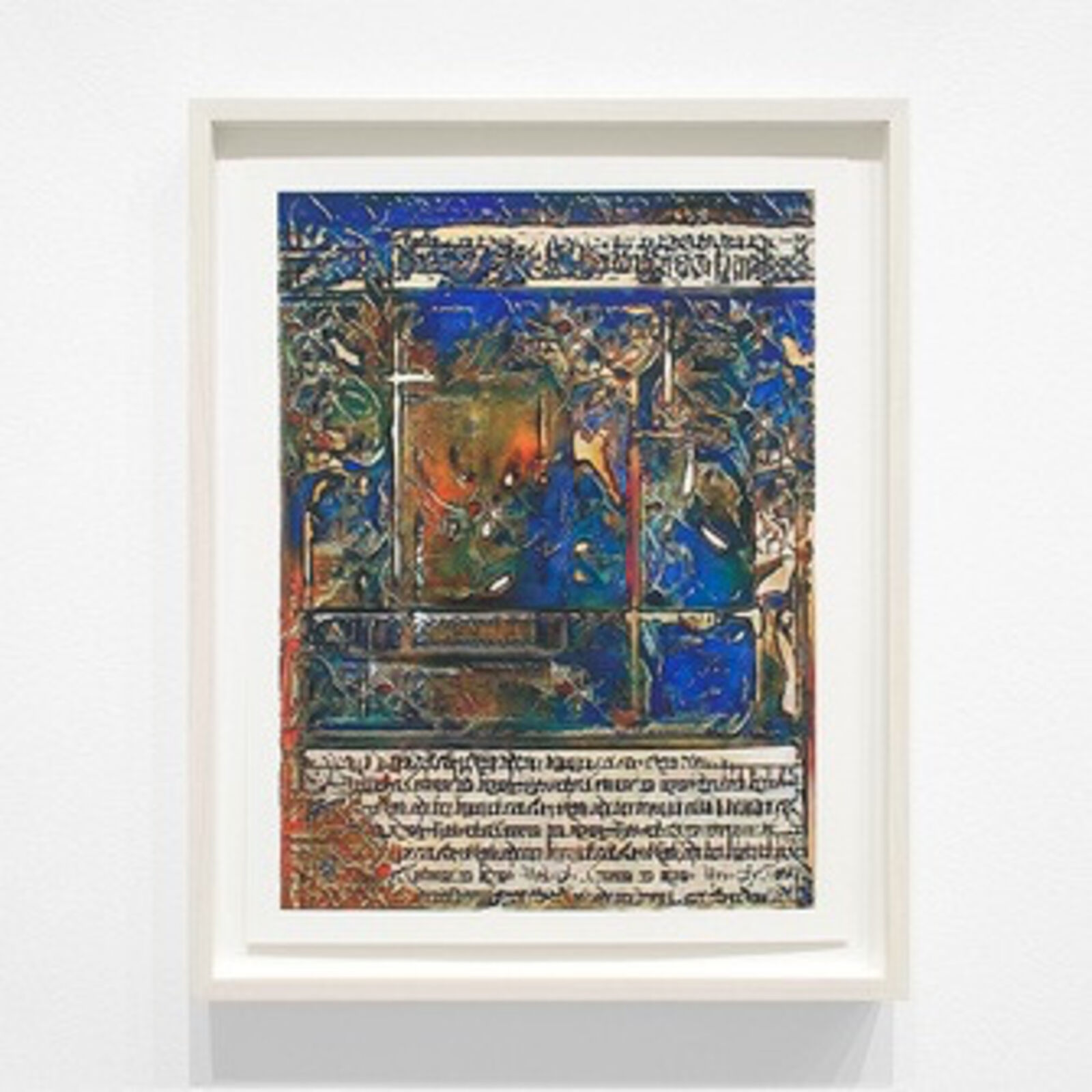 A medieval illuminated manuscript page featuring a central religious scene surrounded by ornate borders and decorative initials.