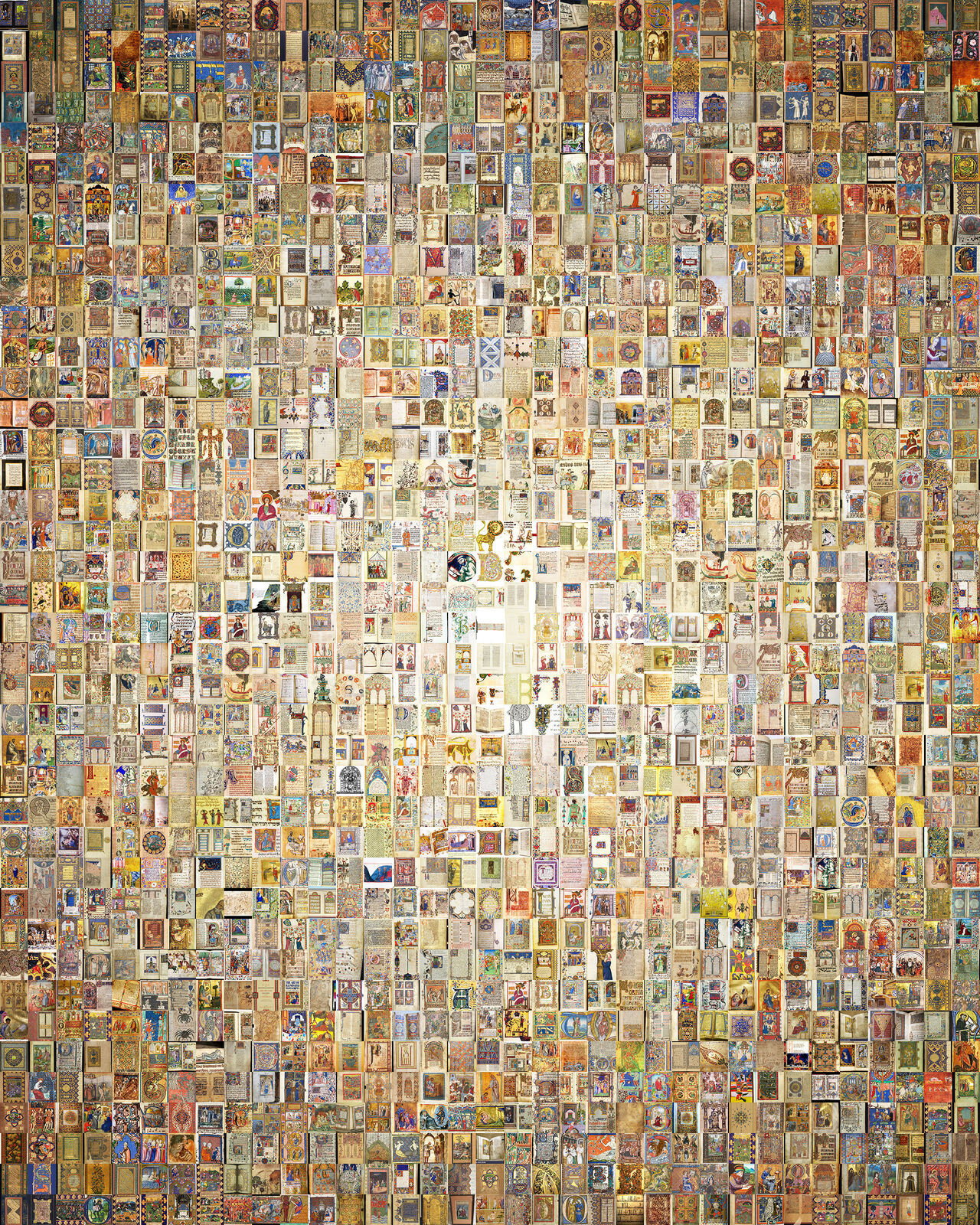A framed colorful mosaic hangs against a wall made of thousands of tiny, varied images.