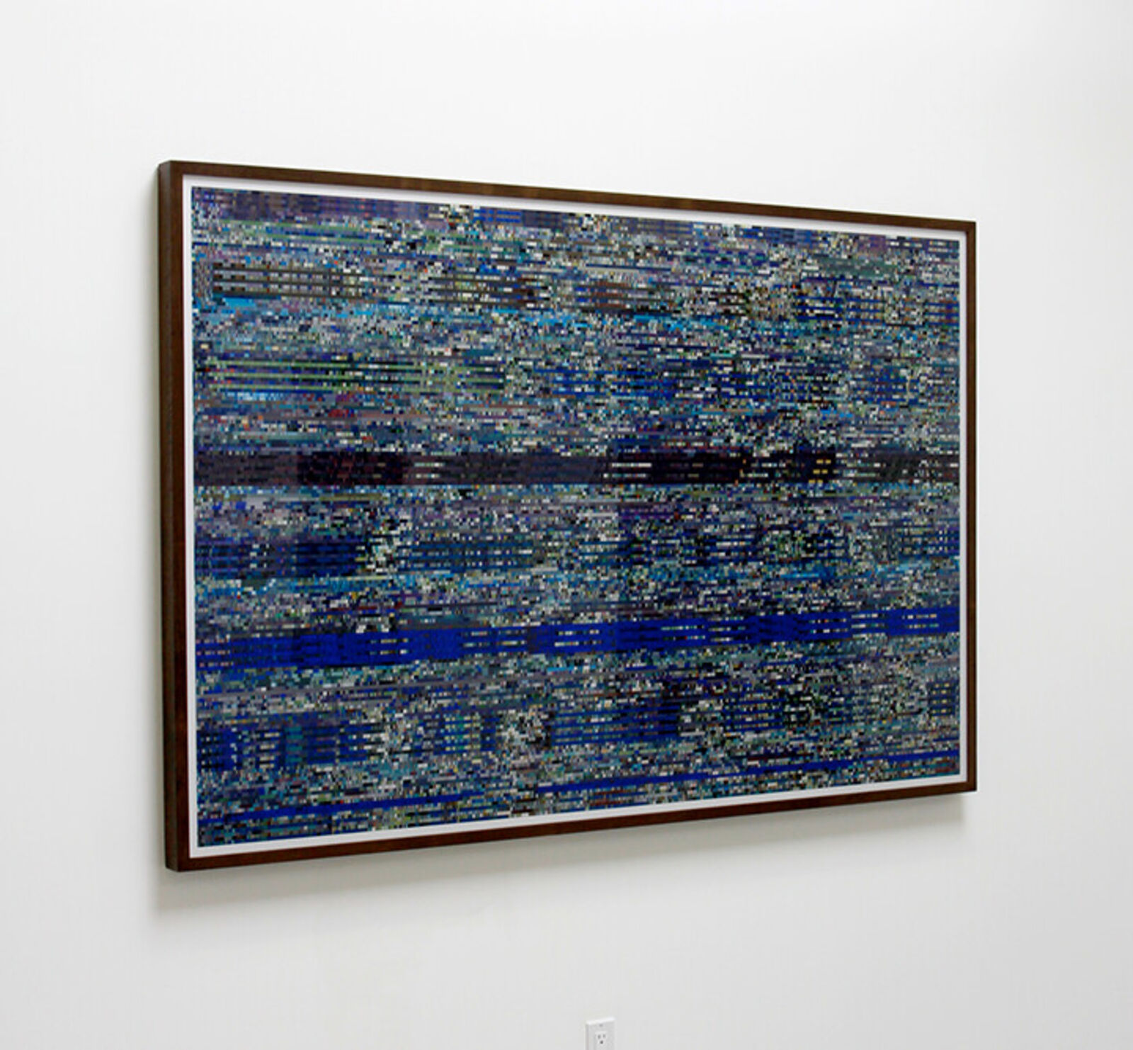 A digital glitch art piece featuring horizontal static lines and a dark band against a blue background.