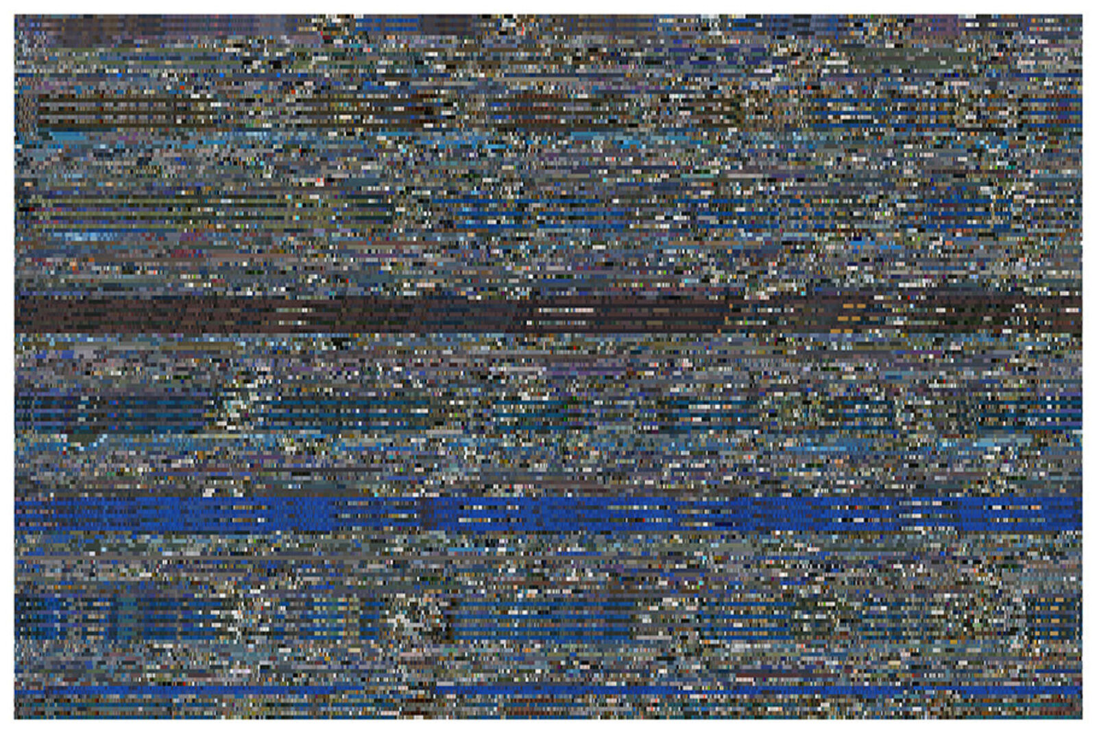 A digital glitch art piece featuring horizontal static lines and a dark band against a blue background.