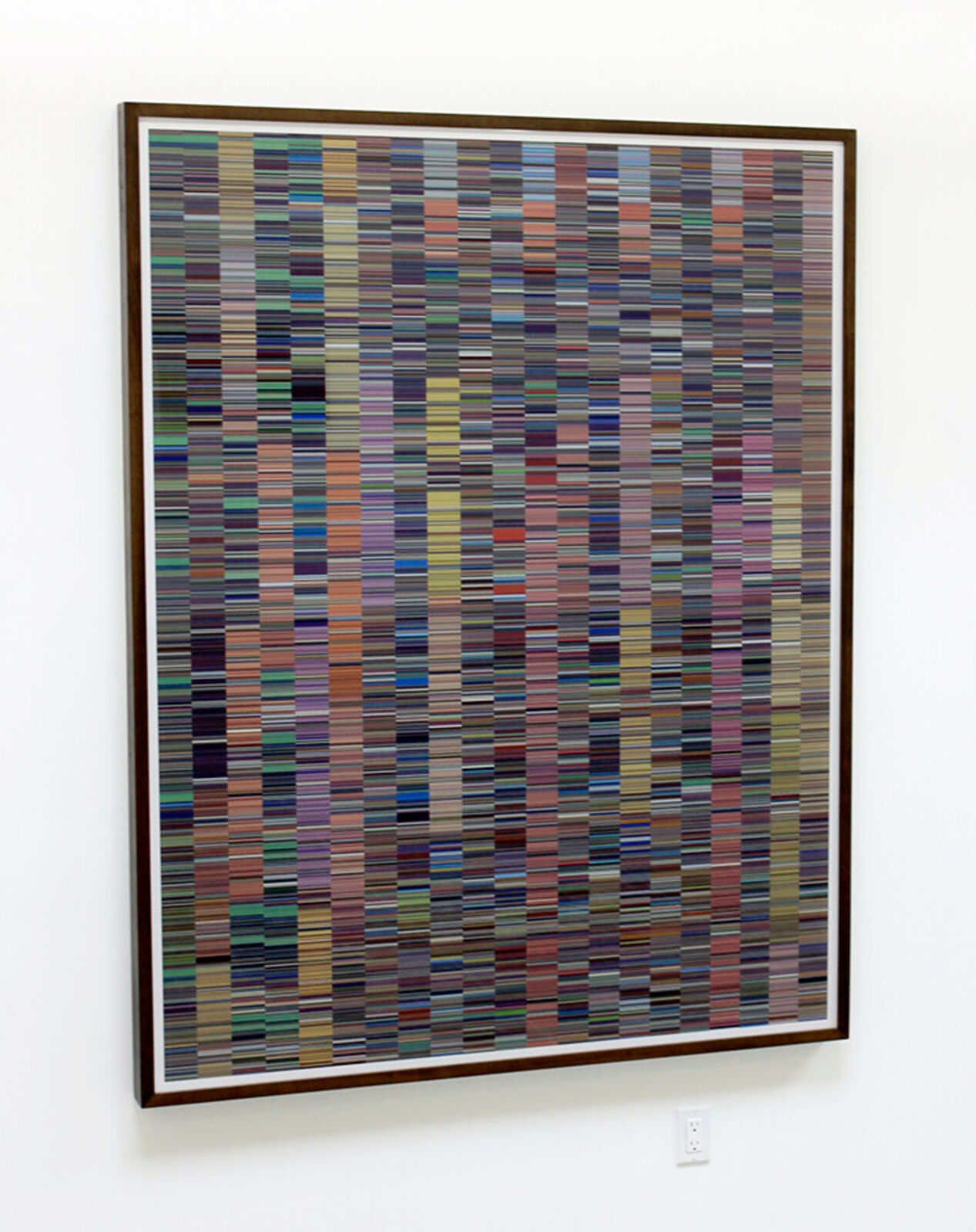 A dense tapestry of vertical stripes composed of countless tiny horizontal lines in earthy and muted tones.