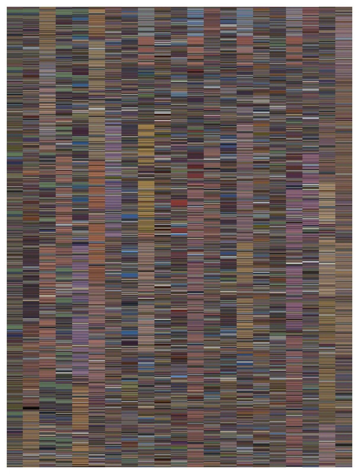 A dense tapestry of vertical stripes composed of countless tiny horizontal lines in earthy and muted tones.
