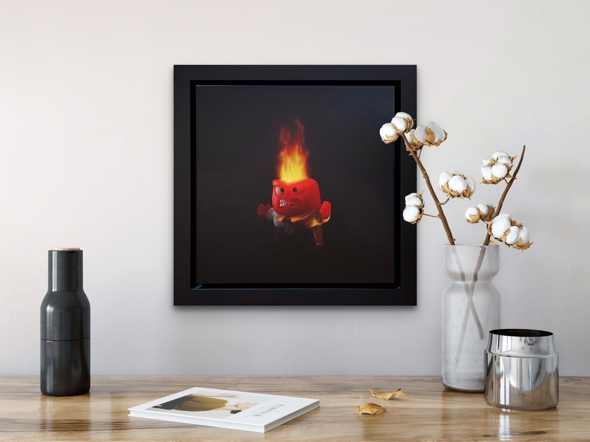 A man in a suit with a fire on his head.