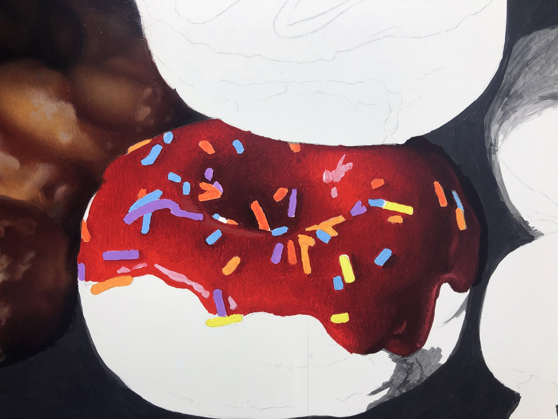 A still life arrangement of colorful donuts and pastries against a dark background.
