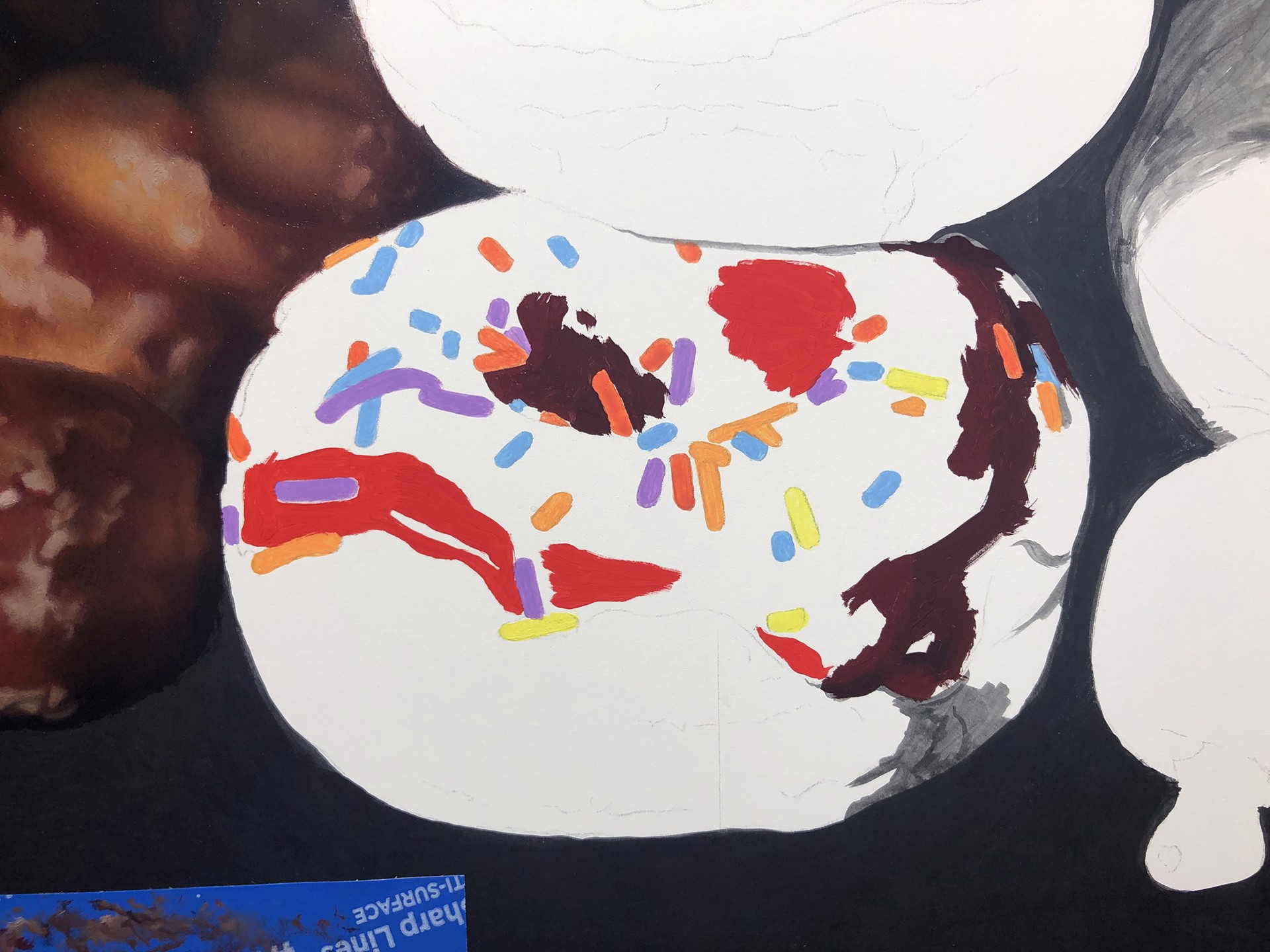 A still life arrangement of colorful donuts and pastries against a dark background.