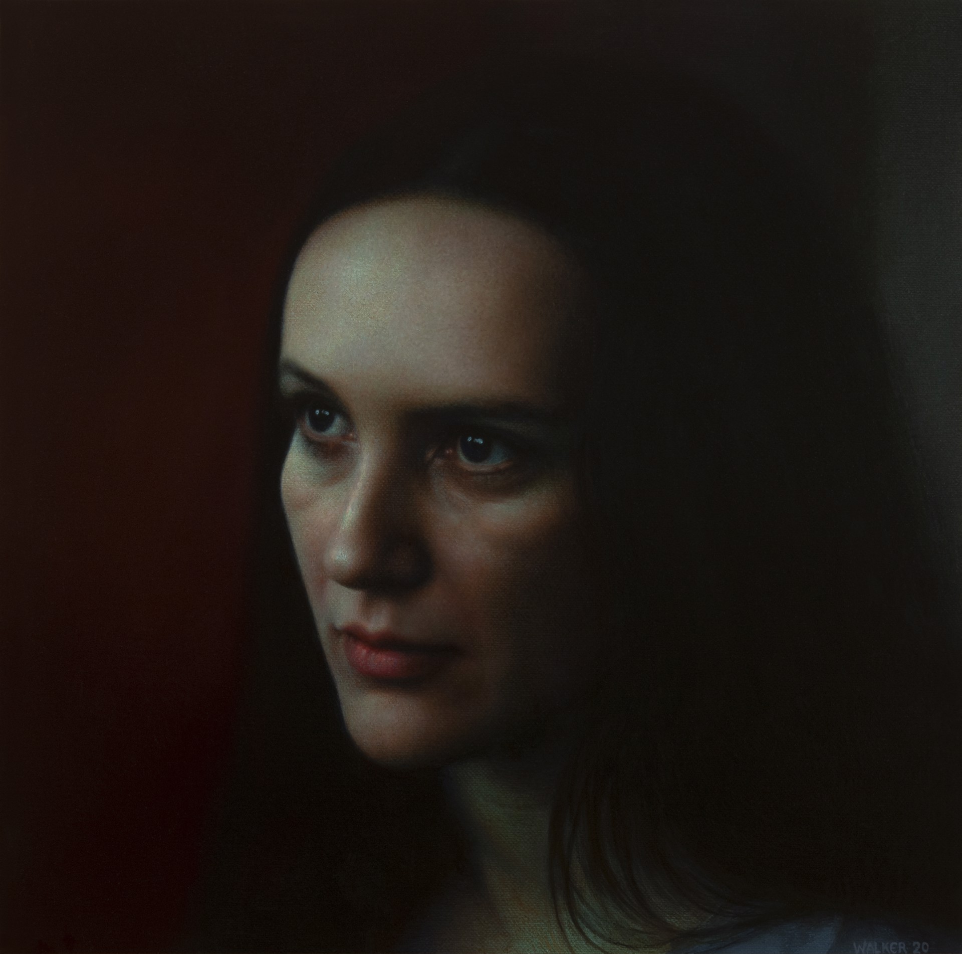 A painting of a woman with long hair and blue eyes.