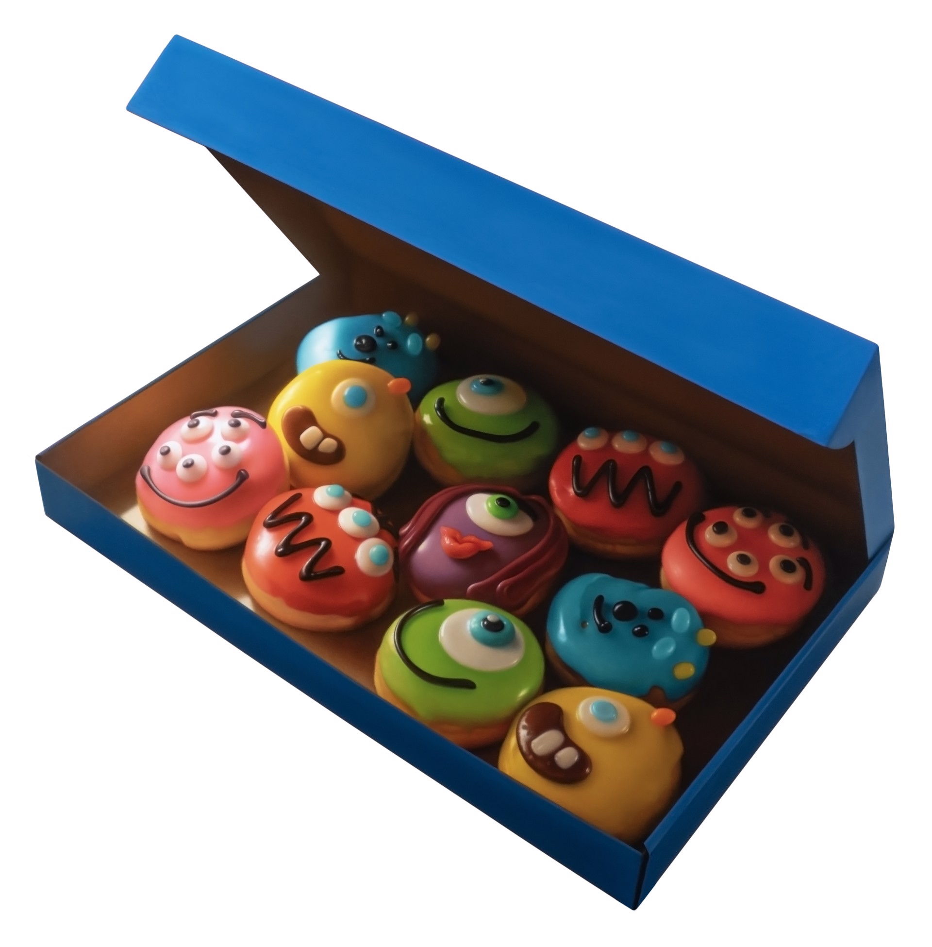 A blue box filled with lots of colorful donuts in it.
