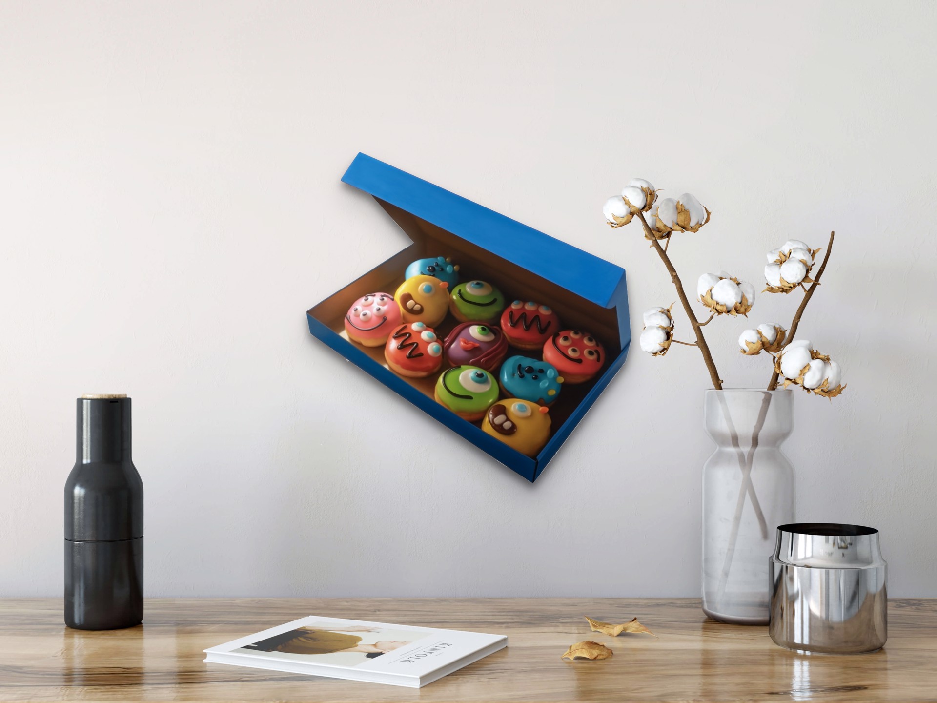 A blue box filled with lots of colorful donuts in it.