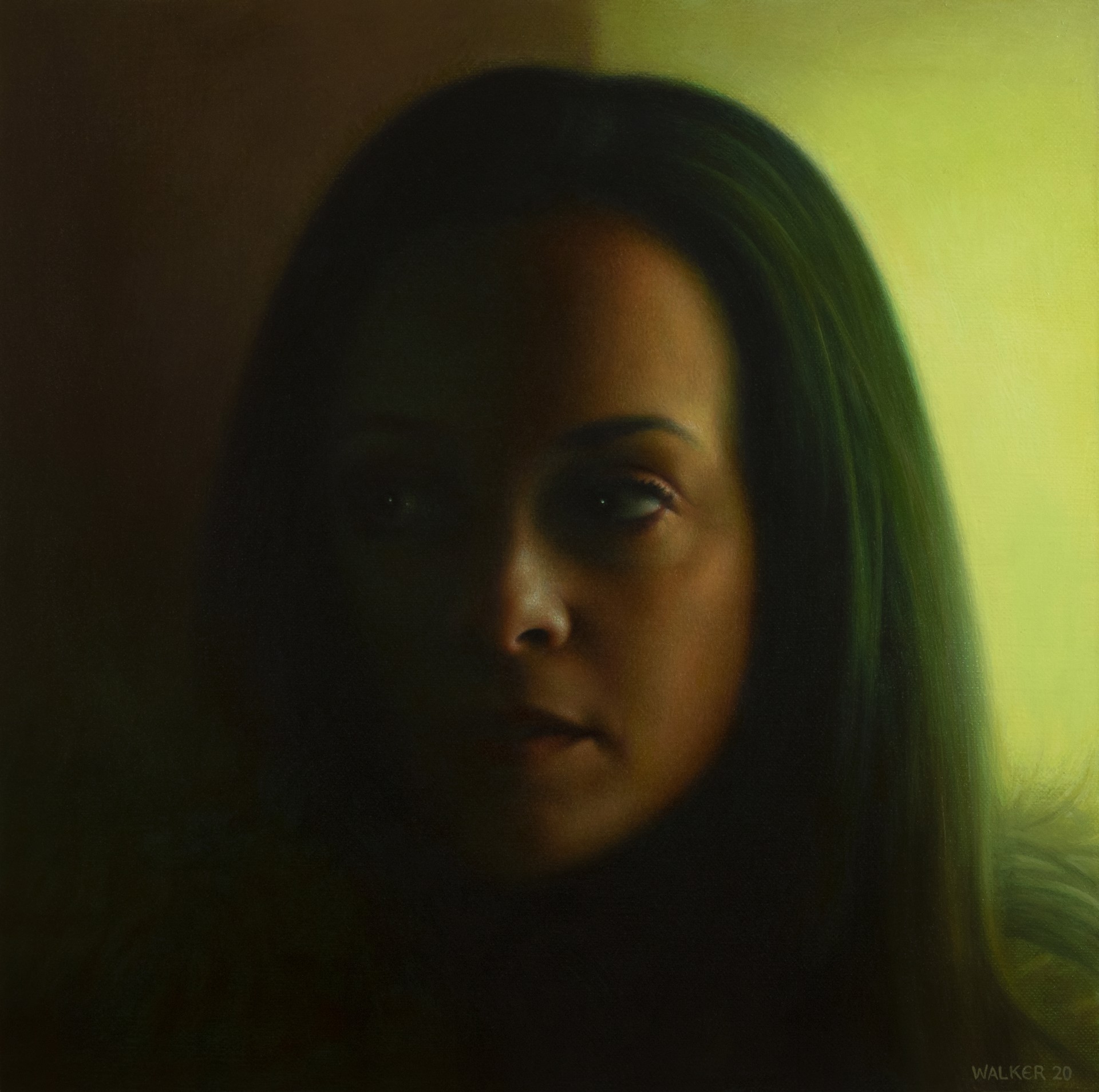 A painting of a woman with long green hair.