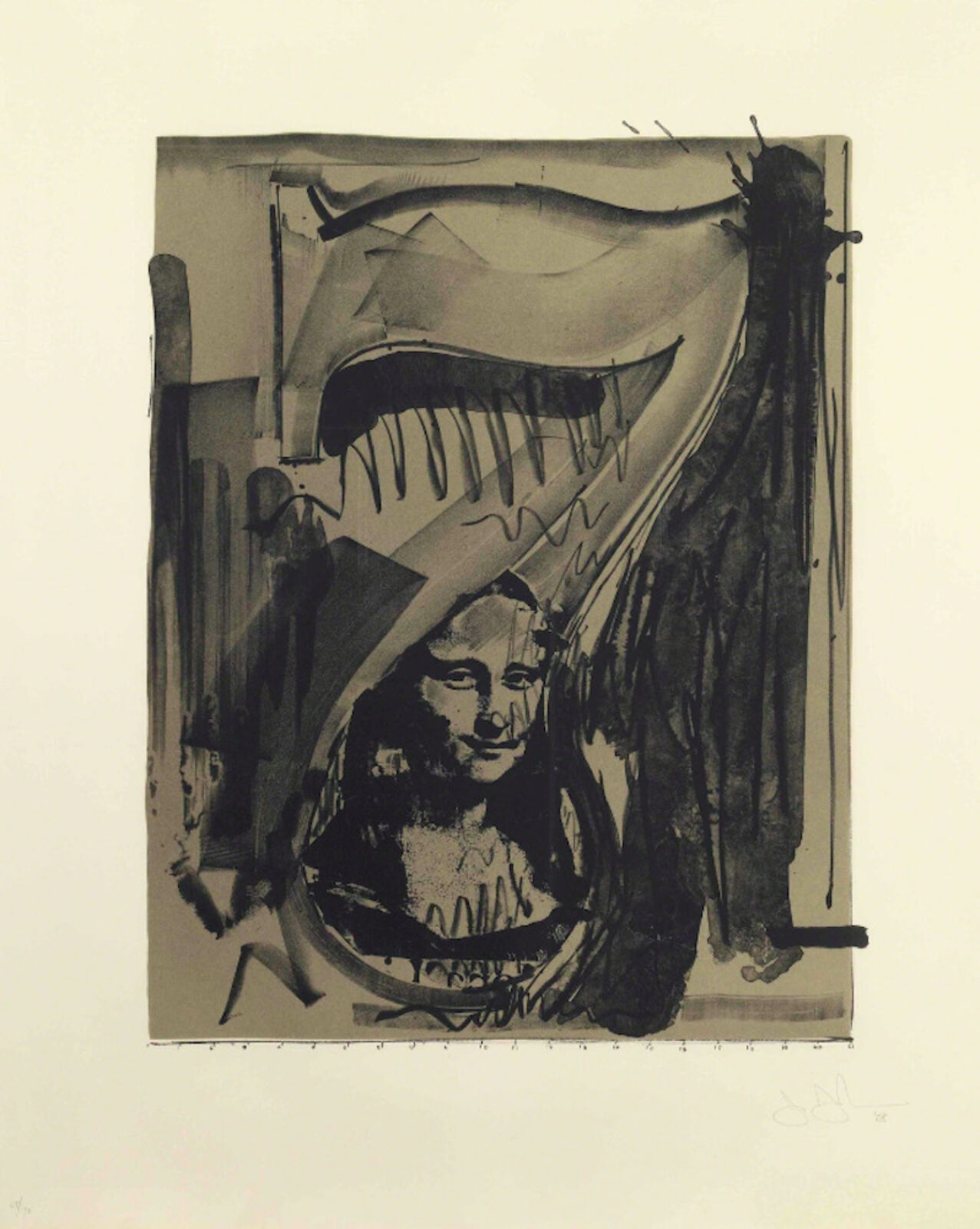 A black and white drawing of a woman with a harp.