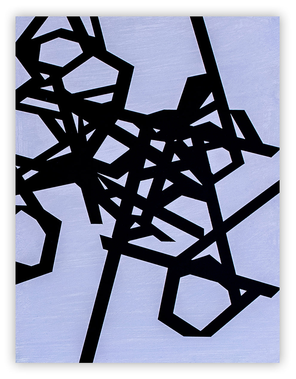 A black and white abstract painting on a blue background.