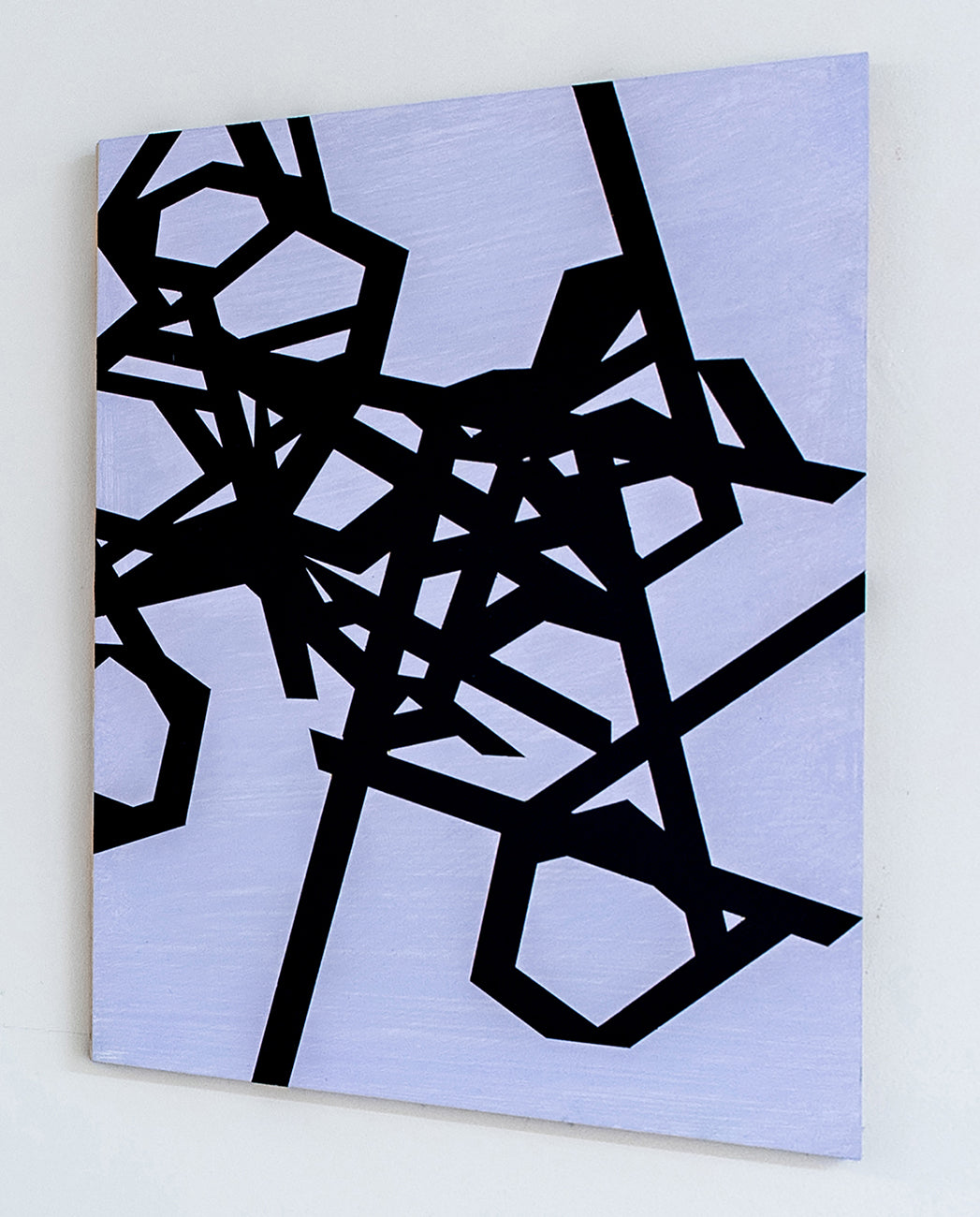 A black and white abstract painting on a blue background.