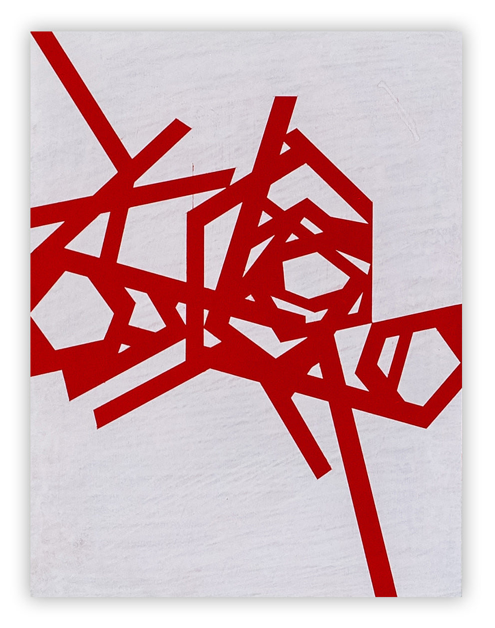A red and white abstract painting on a white background.