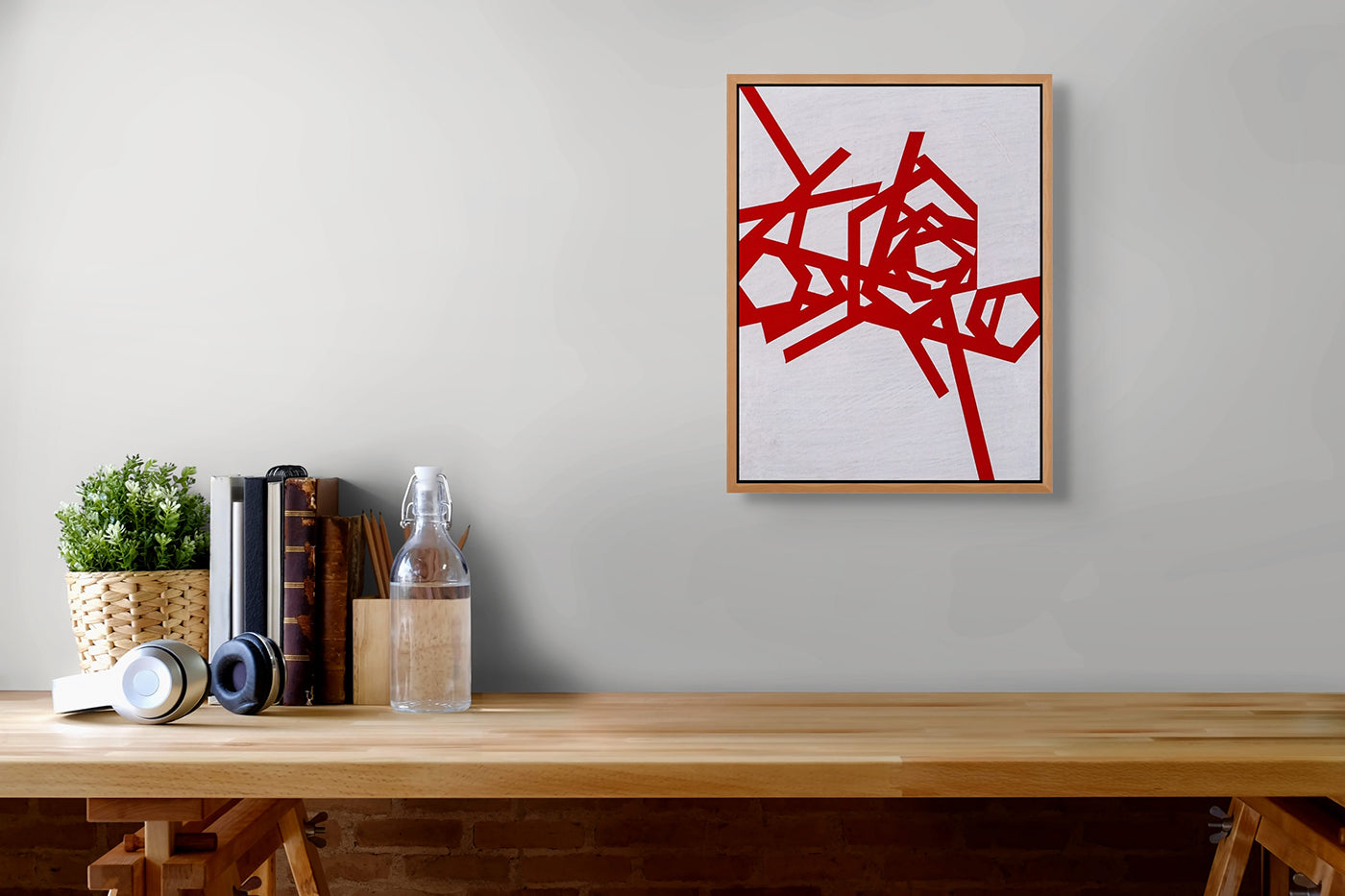 A red and white abstract painting on a white background.