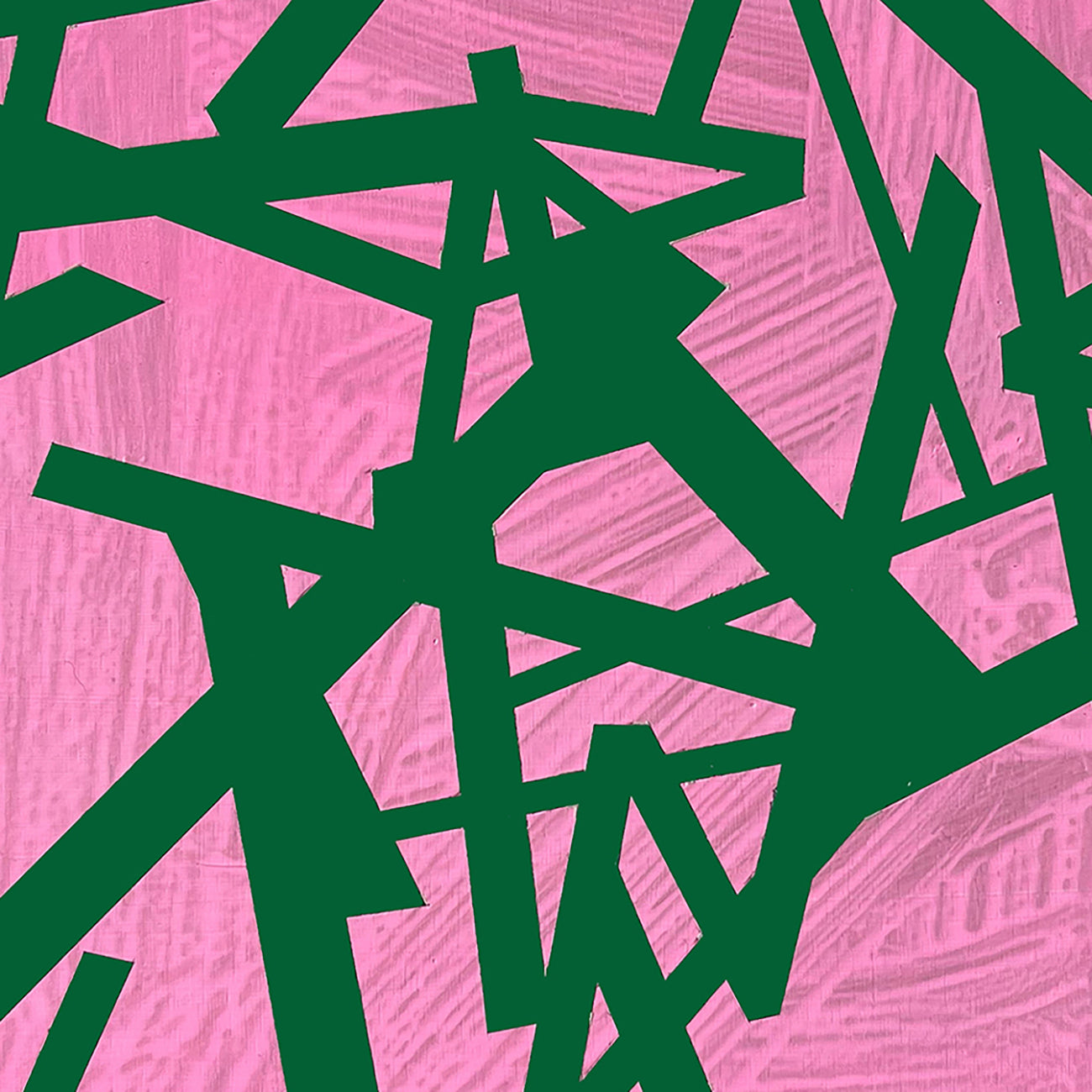 A pink and green abstract painting on a pink background.