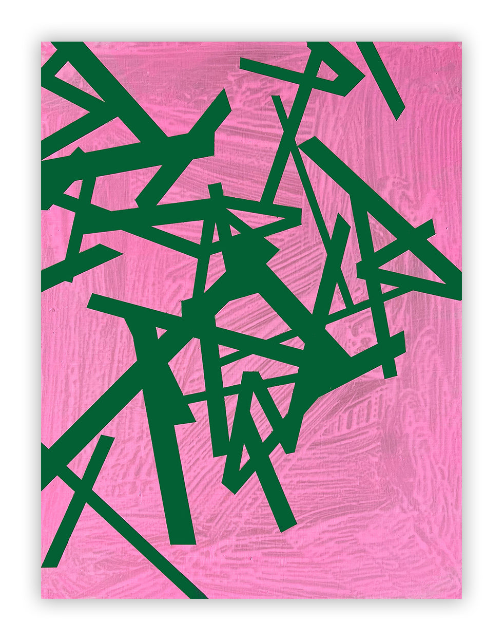 A pink and green abstract painting on a pink background.