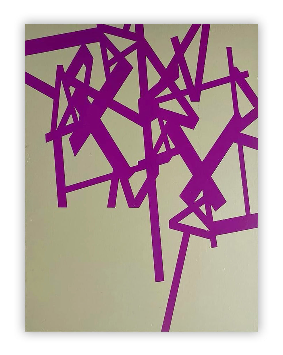 A painting with purple lines on a beige background. 