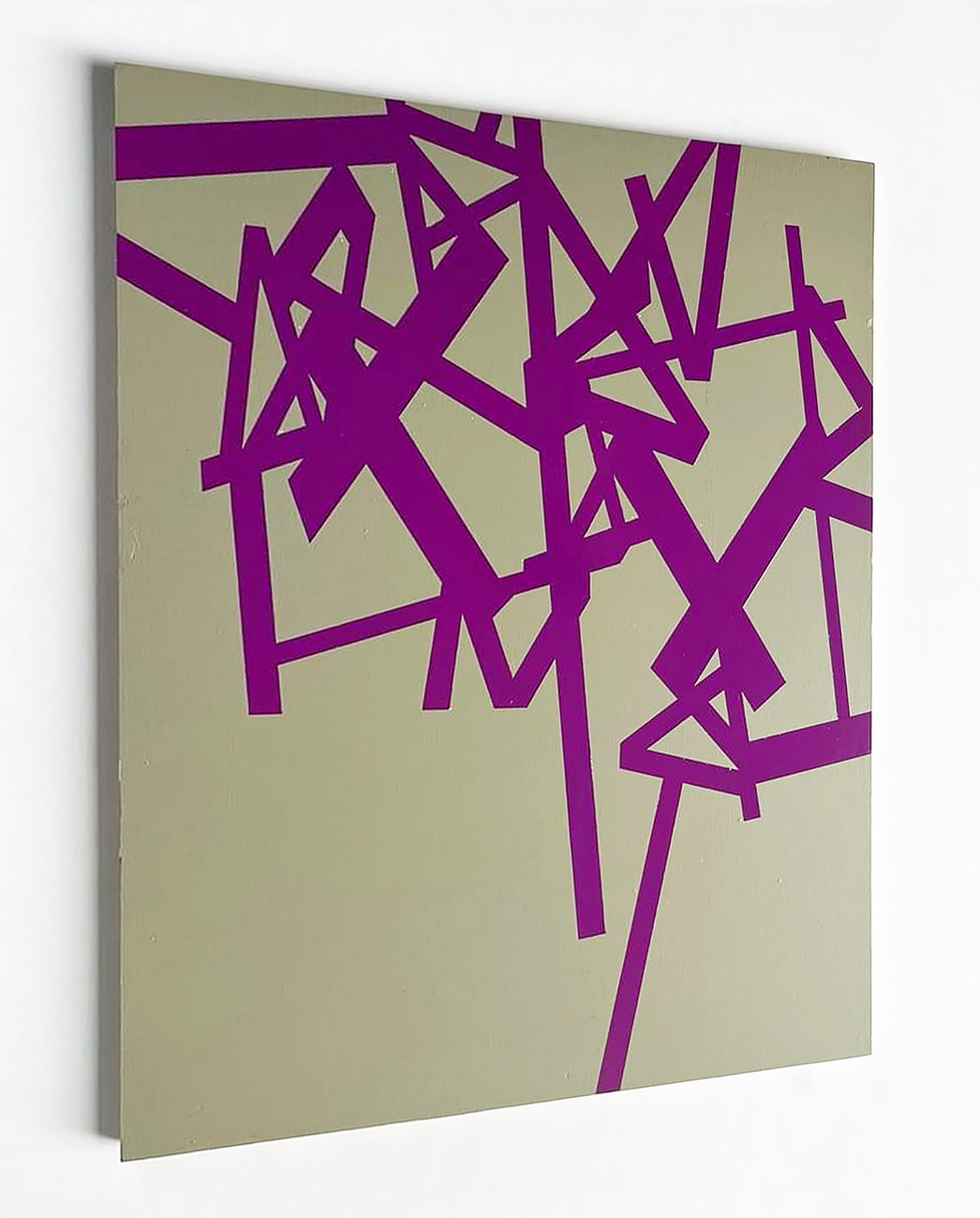 A painting with purple lines on a beige background. 