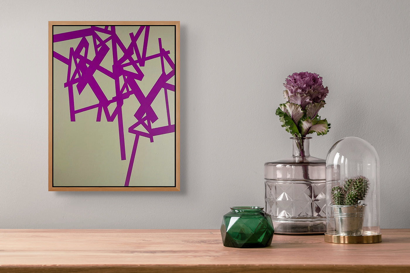 A painting with purple lines on a beige background. 