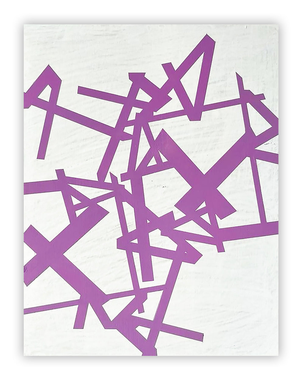 A painting of purple and white geometric shapes on a white background.