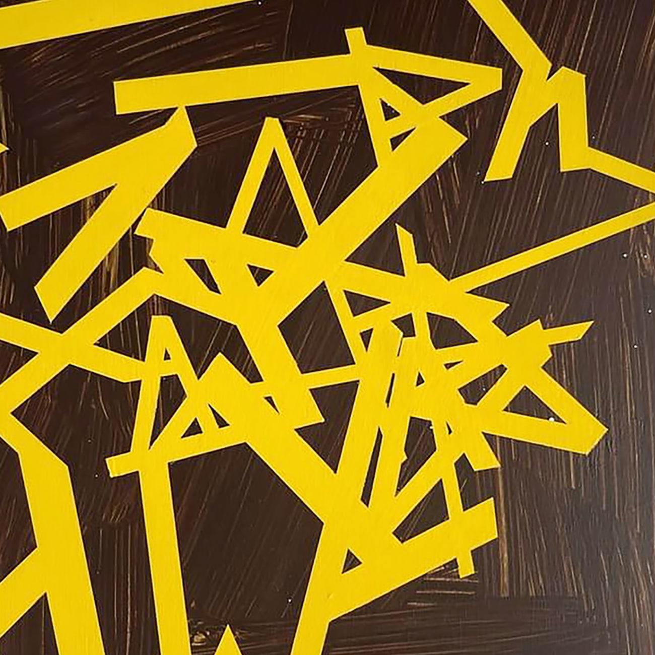 A painting of yellow and brown shapes on a brown background.