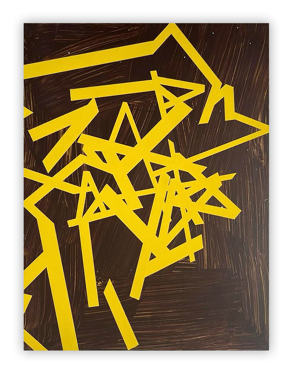 A painting of yellow and brown shapes on a brown background.