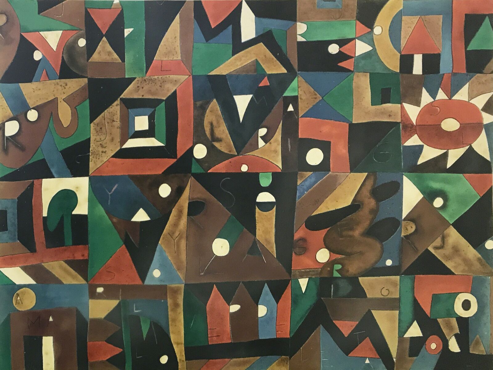 A painting of a colorful abstract painting on a wall.