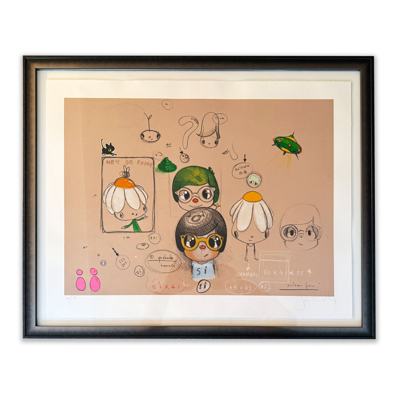 A framed drawing of a group of people in a room.