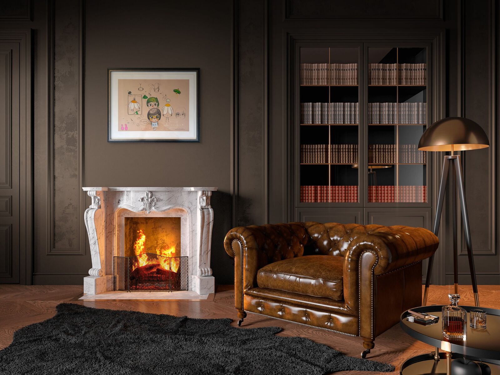 A framed drawing of a group of people in a room.