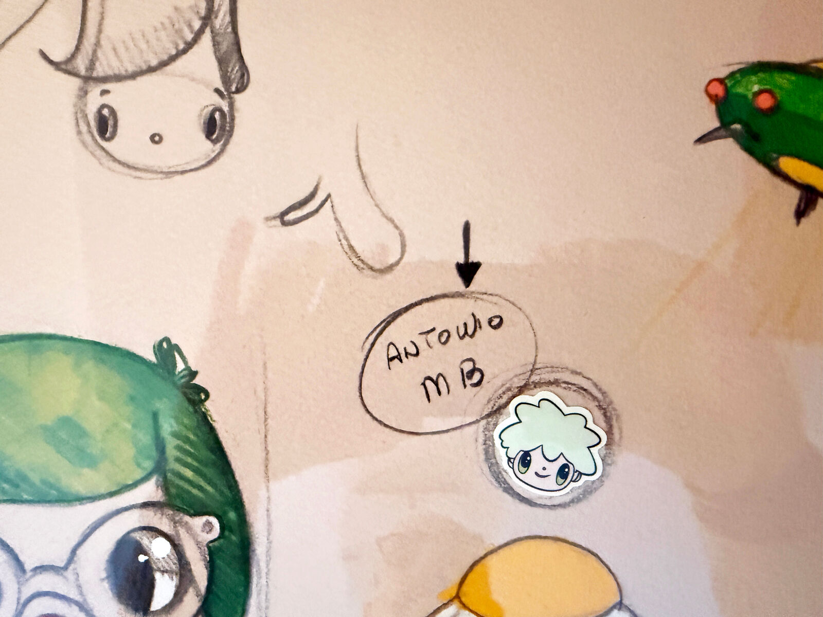 A framed drawing of a group of people in a room.