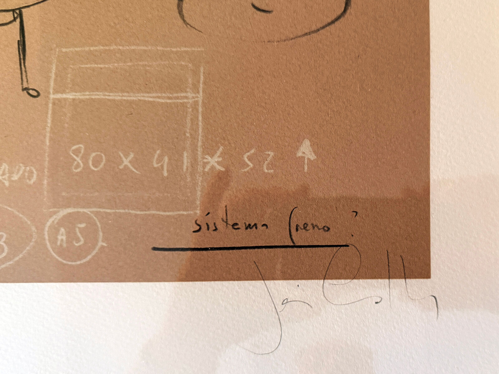 A framed drawing of a group of people in a room.