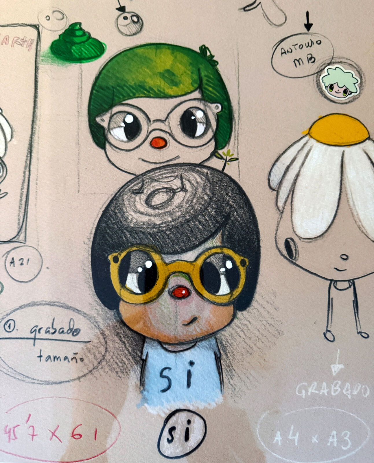 A framed drawing of a group of people in a room.