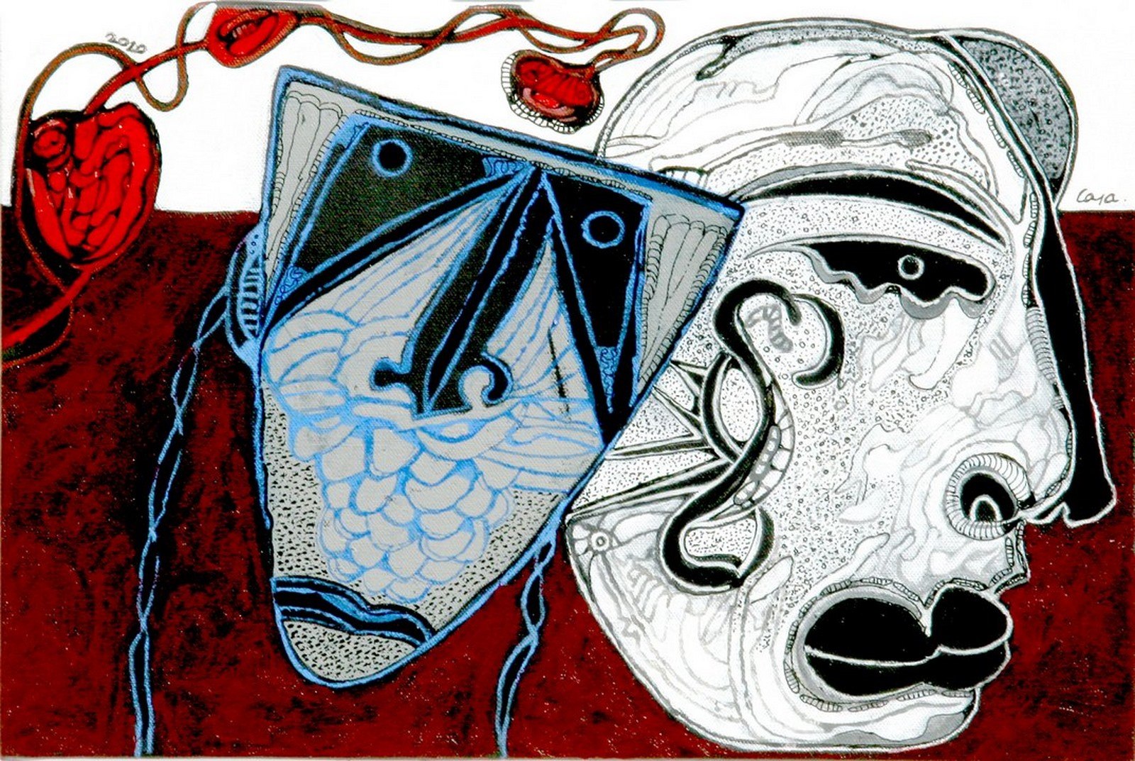 A drawing of two masks on a red background.