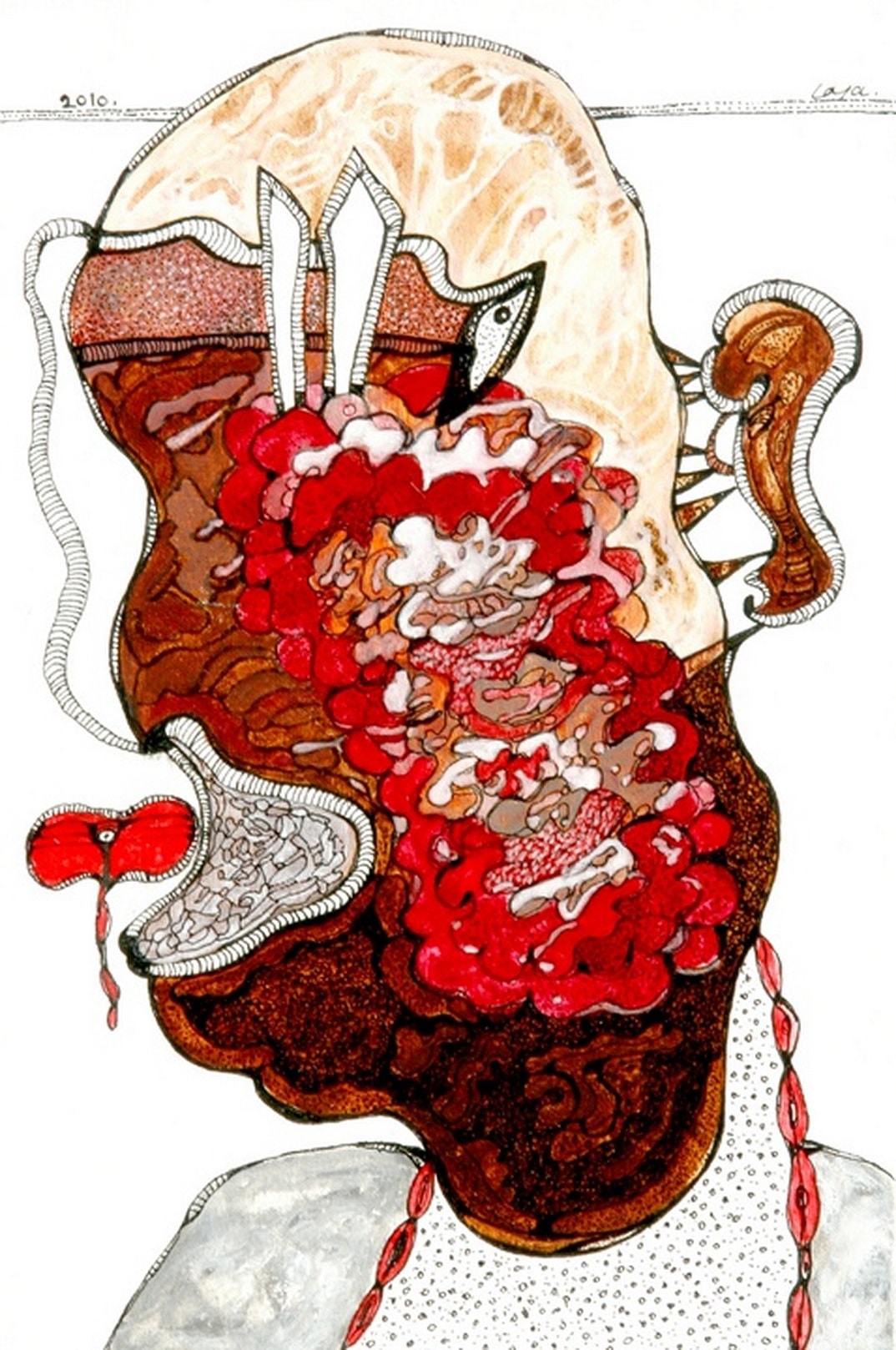 A drawing of a man's head with blood flowing out of his mouth.