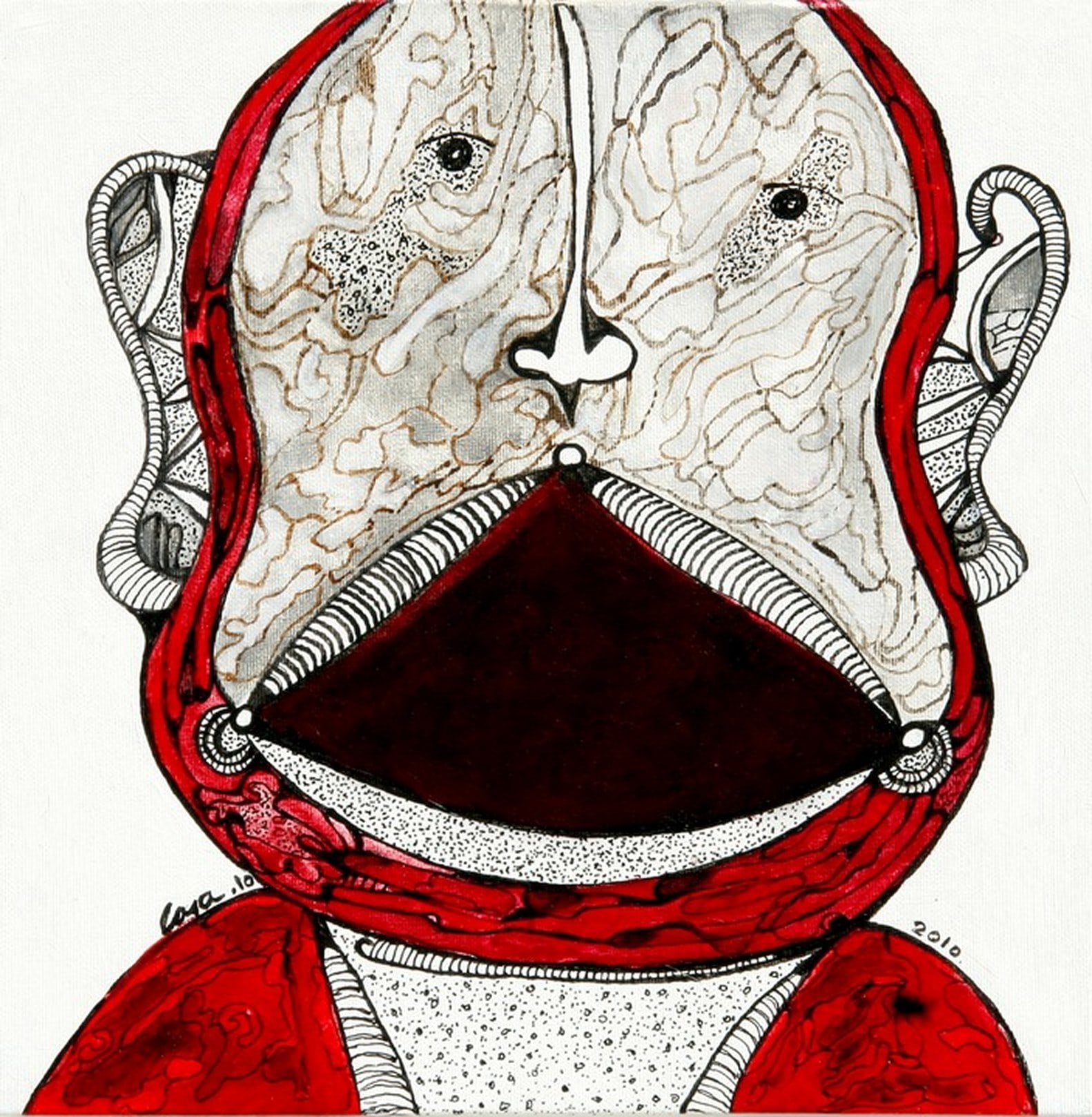 A drawing of a man with a red scarf around his neck.