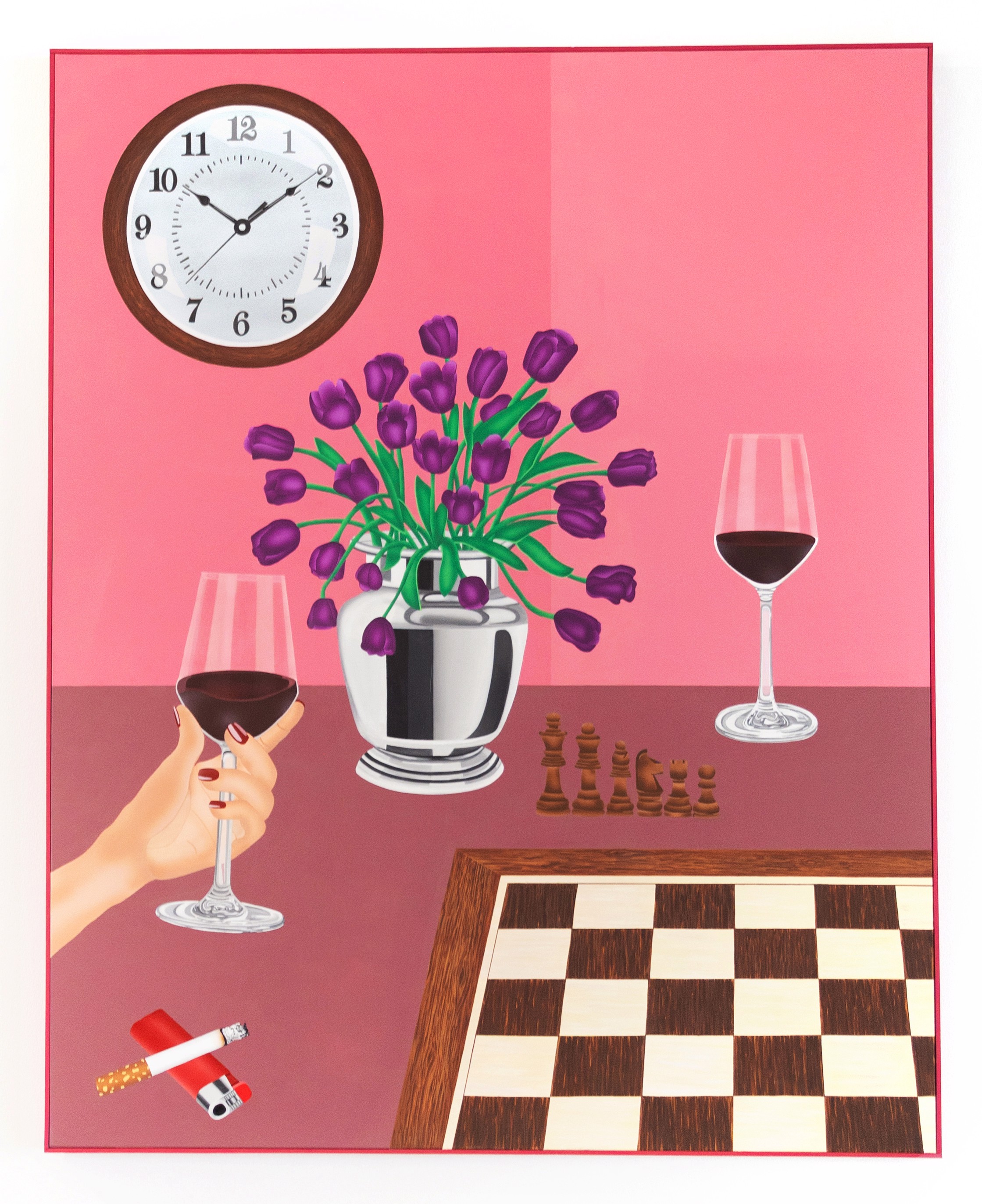 A painting of a chess board with a vase of flowers and a glass of wine.